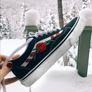 Custom Old Skool Vans with red rose patches